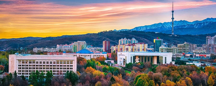 Scenic view of Almaty, Kazakhstan with mountains in the background