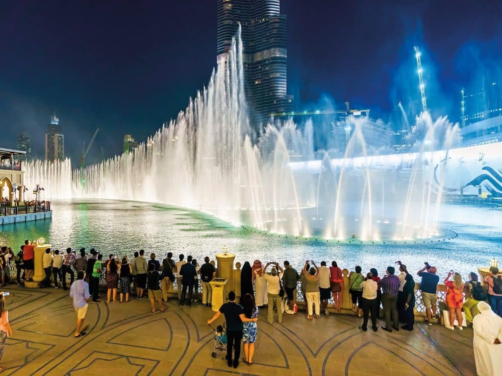 Night view of the Dubai Fountain water and light performance