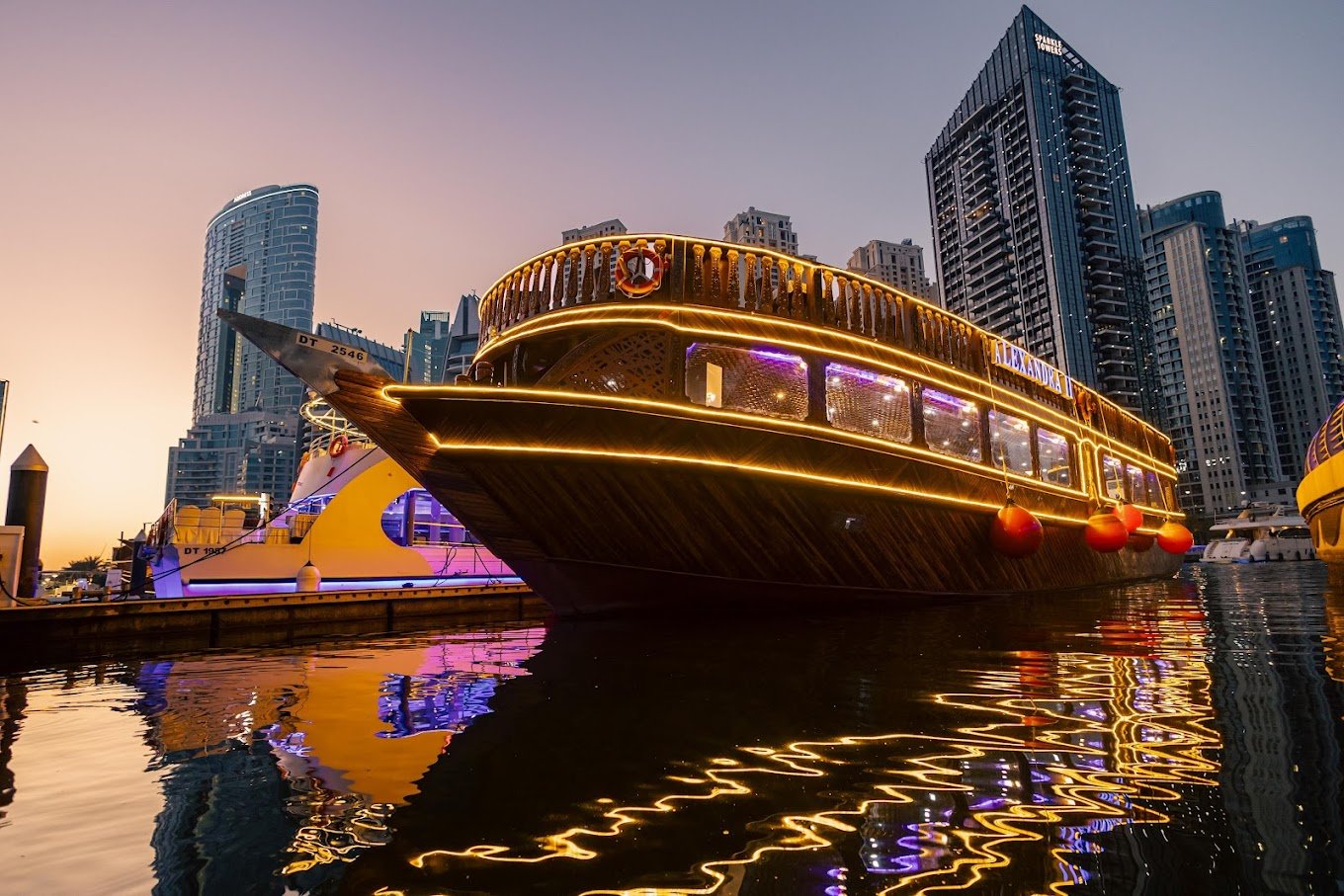 Dhow cruise at sunset in Dubai Marina