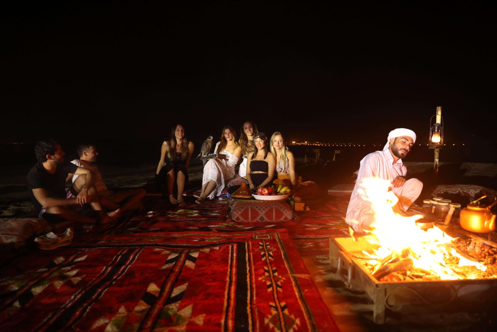 Comfortable Bedouin-style tent setup for overnight desert camping