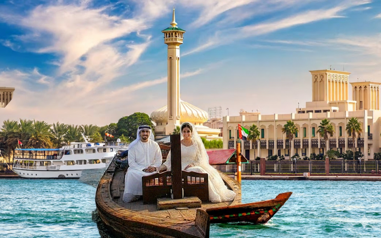 Couple enjoying a traditional Abra ride in Dubai