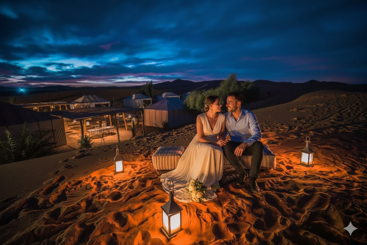 Romantic couple stargazing in Dubai desert